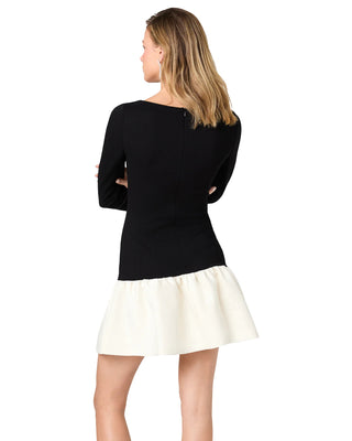 Cleo Ponte Combo Structured Taffeta Boatneck Dress- Black/Cream