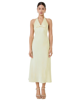 V-Neck Satin Bow Maxi Dress- Butter Yellow