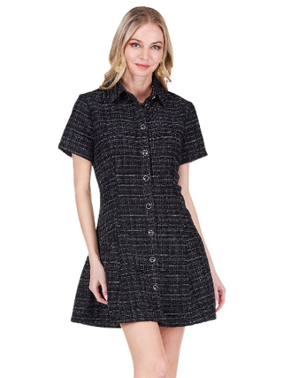 Pleated Hem Tweed Collar Dress- Black