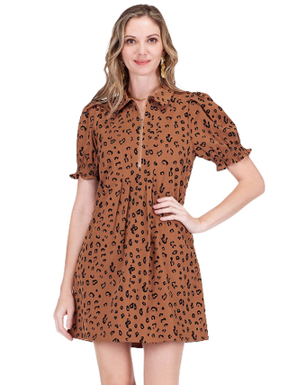 Puff Sleeve Zipper Dress- Textured Brown Leopard