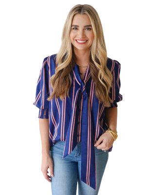 Holly Bow Top- Navy, Red, and White Stripe- One Size