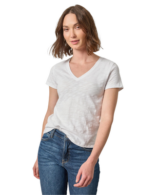 V-Neck Short Sleeve Back Seam Tee- White