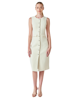Jewel Buttoned Sleeveless Midi Dress- Cream