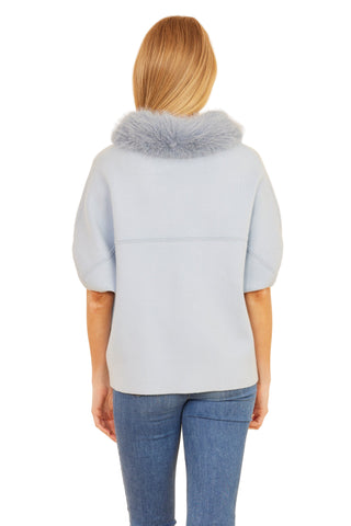 Short Sleeve Cardigan with Faux Fur Collar- Powder Blue
