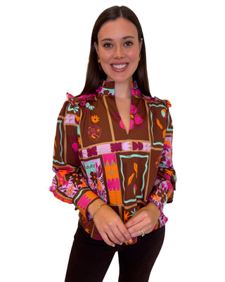 Floral Frame V-Neck Ruffle Top- Brown