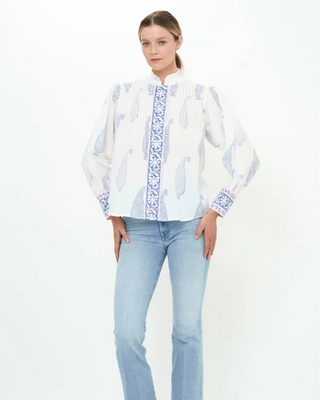 Pintuck Button Front Blouse- Aptos Blue