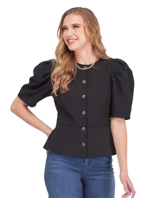Blaine Puff Sleeve Button Top- Black