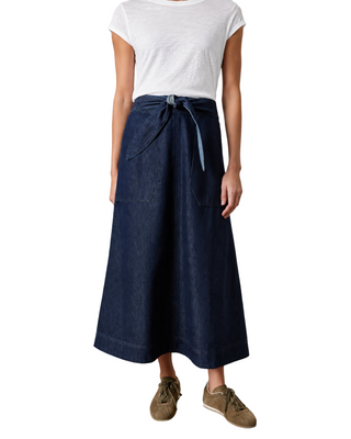 Belted Pocket Front Skirt- Dark Wash Blue