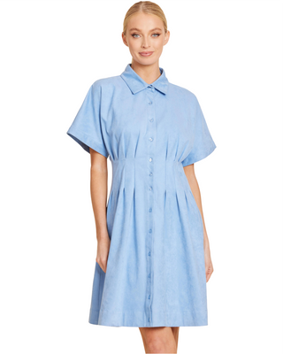 Faux Suede Pintuck Waist Dress- Sky