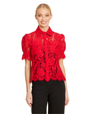 Floral Lace Sheer Blouse- Red