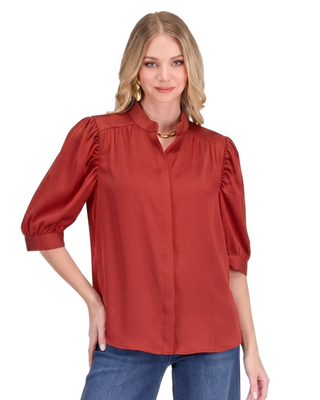 Ruby Ruched Sleeve Blouse- Red