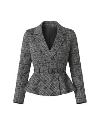 Belted Peplum Blazer- Black Tweed