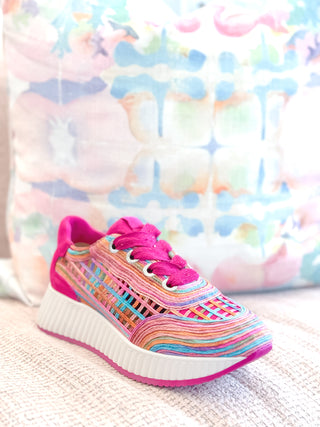 Ardi Sneaker- Fuchsia + Rainbow Raffia