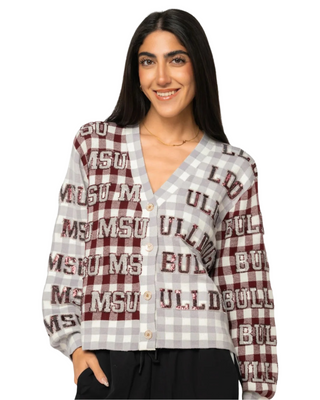 Mississippi State Gingham Sequin Beaded Cardigan