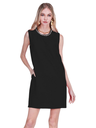 Embellished Neck Shift Dress- Black