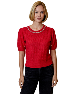 Rhinestone Trim Short Sleeve Sweater- Cherry