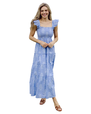 Tiered Flutter Sleeve Mocked Maxi Dress- Floral Blue