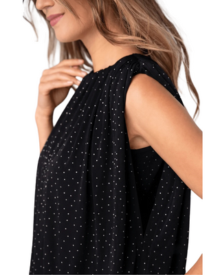 Sleeveless Draped Knit Shoulder Pad Top- Black + Silver