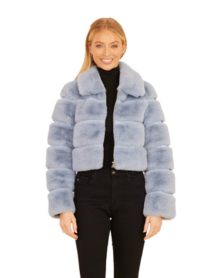 Faux Leather & Fur Cropped Zip Jacket- Blue