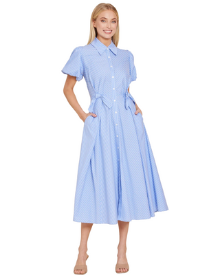 Poplin Double Waist Bow Midi Dress- Blue/White