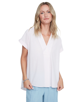 Seersucker Short Sleeve V-Neck Top- Pink