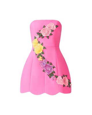 Laurentia Strapless Mini Tulip Dress- Fuschia Pink Multi