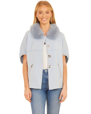 Short Sleeve Cardigan with Faux Fur Collar- Powder Blue