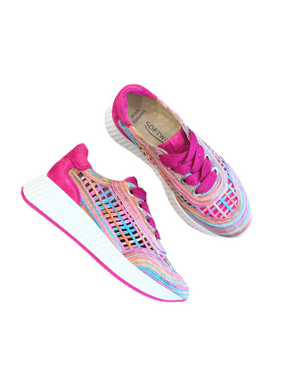 Ardi Sneaker- Fuchsia + Rainbow Raffia