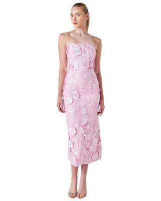 Strapless Floral Embroidered Midi Dress- Pink