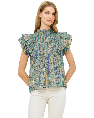 Pintuck Ruffle Top- Taj Aqua
