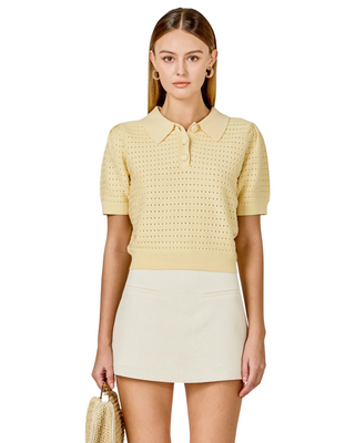 Short Sleeve Button Sweater Top- Butter