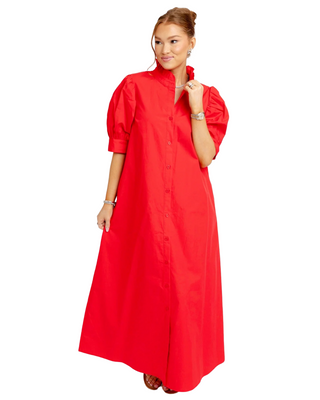 Solid Poplin Ruffle Maxi Dress- Red