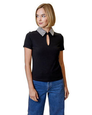 Embellished Collar Short Sleeve Top- Black