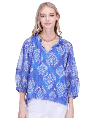 Porcelain Bloom Blouse- Blue Damask