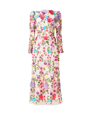 Rosette Long Sleeve Midi Dress- Multi