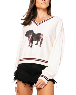 MS State V-Neck Striped Cuff Sweater- Bulldog Mascot