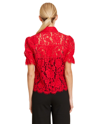 Floral Lace Sheer Blouse- Red