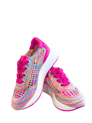 Ardi Sneaker- Fuchsia + Rainbow Raffia