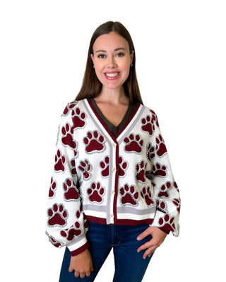 Mississippi State Rhinestone Bulldog Paw Print Cardigan