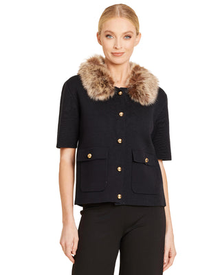 Faux Fur Trim Cardigan- Black