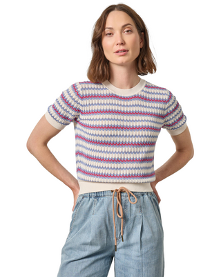 Novelty Stripe Crewneck Sweater- Azalea Scallop