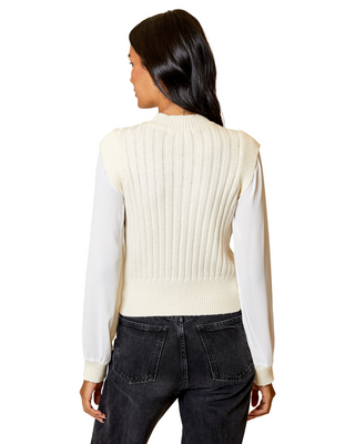 Mock Neck Mixed Media Sweater- Canvas/White