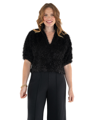 Estelle Top- Black Tie Feather Fringe