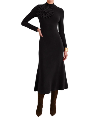 Black Long Sleeve Flower Maxi Dress