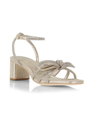 Mikel Rhinestone Bow Mid-Heel Sandal- Cappucchino