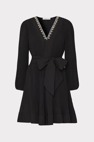 Liv Crystal Embellished Pleated Dress- Black
