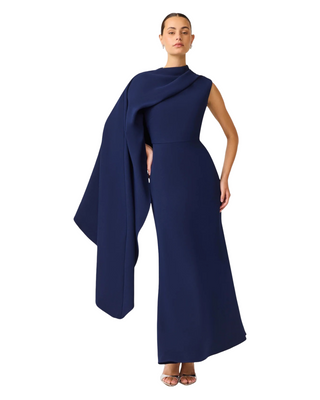 Leonara Asymmetric Cape Dress- Deep Navy
