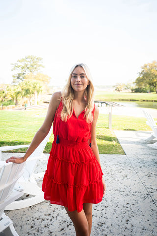 Sleeveless Smocked Waist Tassel Dress- Red + Navy