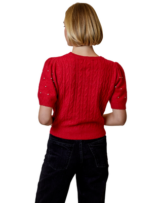 Rhinestone Trim Short Sleeve Sweater- Cherry