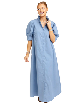 Ruffle Neck Maxi Shirt Dress- Powder Blue